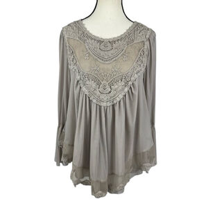 Ultra Pink Tan Mesh Top Womens Small Bell Sleeve Boho